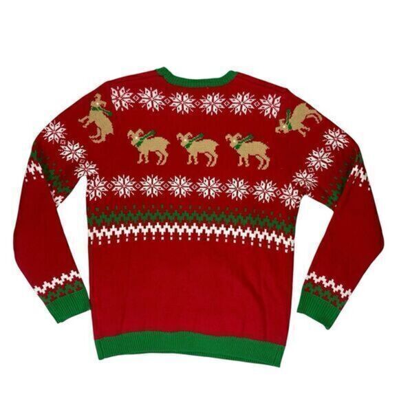 JOLLY SWEATERS Goat drinking Beer Ugly Christmas Sweater Holiday Unisex L Red - Picture 7 of 15
